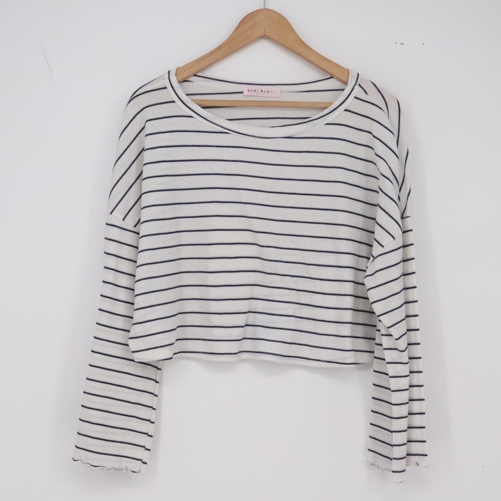 Blue Blush Top Womens Medium White Navy Striped Waffle Knit Crop